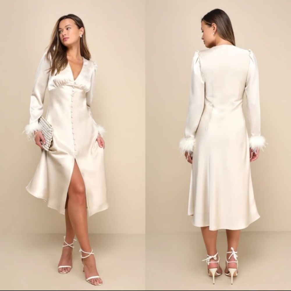 Lulus Precious Aura Champagne Satin
Feather Long Sleeve Midi Dress